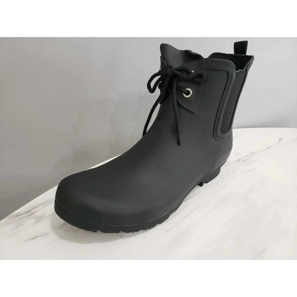 NEW SIZE 10 Ladies Roma Chelsea Lace‎ Up Matte Black Rain Boots Womens Slip On